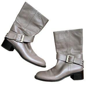 CHLOÉ Leather Mid Calf Ankle Gold Buckle Bikercore Riding Boots Taupe 36.5